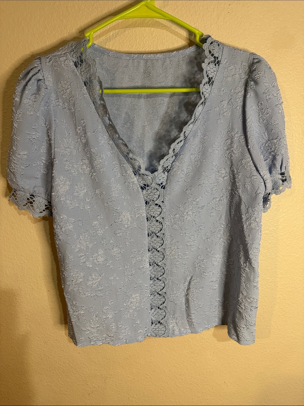 SHEIN Light Blue Lace-Trim V-Neck Puff Sleeve Blouse